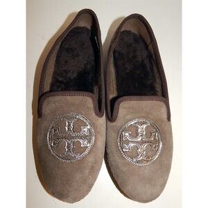 Tory Burch Billy Brown Flannel Shearling Logo Slippers 7‎ M